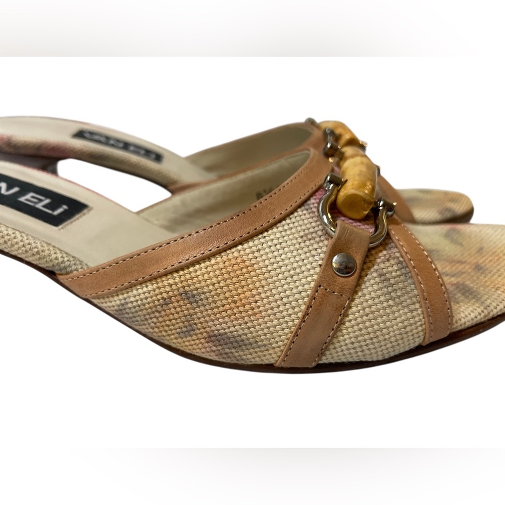 VANELI Tan/Beige Floral Canvas/Leather Slides Mules Heels Shoes - Size 8.5 Slim - Picture 2 of 16